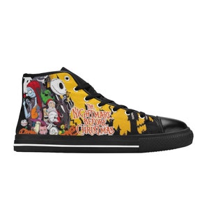 May include: High-top canvas sneaker featuring characters from "The Nightmare Before Christmas" on a yellow and black background. The shoe has a black toe cap, laces, and sole, with the movie title printed on the side.