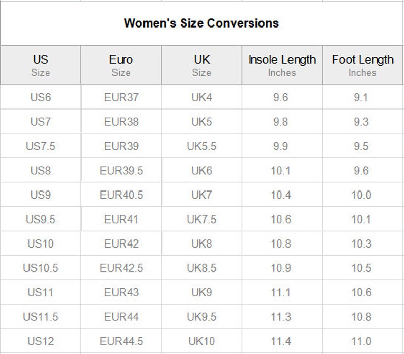 May include: A chart titled "Women's Size Conversions" displays shoe size conversions between US, Euro, and UK sizes. It includes insole and foot length measurements in inches, with sizes ranging from US6 to US12.