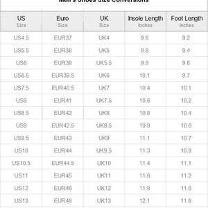 May include: A shoe size conversion chart for men, displaying US, Euro, and UK sizes, along with corresponding insole and foot lengths in inches. The chart includes sizes from US4.5 to US14, with Euro sizes from EUR37 to EUR49.