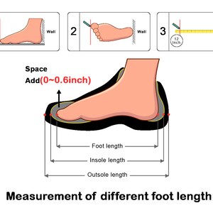 May include: Diagram showing how to measure foot length, insole length, and outsole length in inches. The diagram shows a foot with red dots marking the points to measure from. The text (0-0.8 inch) indicates the allowable tolerance for the measurements.