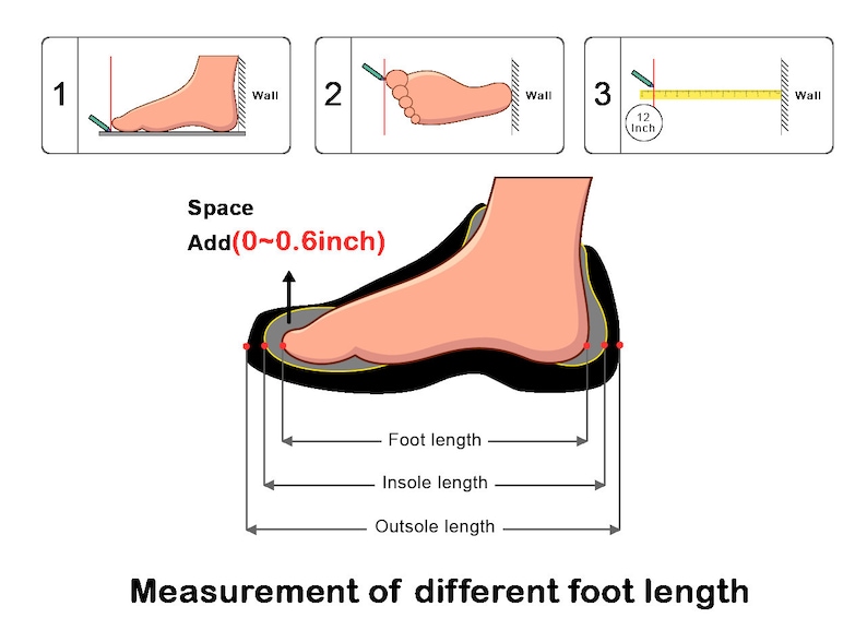 May include: Diagram showing how to measure foot length, insole length, and outsole length in inches. The diagram shows a foot with red dots marking the points to measure from. The text (0-0.8 inch) indicates the allowable tolerance for the measurements.