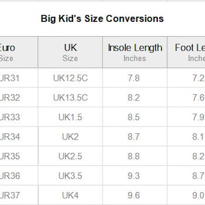 May include: A white chart titled "Big Kid's Size Conversions" displays shoe size conversions between US, Euro, and UK sizes. It includes measurements for insole length, foot length, and foot width in inches for various sizes.