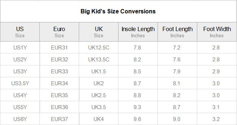 May include: A white chart titled "Big Kid's Size Conversions" displays shoe size conversions between US, Euro, and UK sizes. It includes measurements for insole length, foot length, and foot width in inches for various sizes.