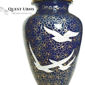 Brass Adult Cremation Urn for Ashes - Blue with White Doves
