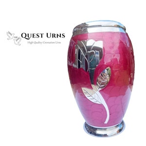 Brass Adult Cremation / memorial Urn for Ashes - Red with Silver Rose