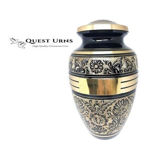 Brass Adult Cremation / Memorial Urn for Ashes - Black & Gold Engraved Design