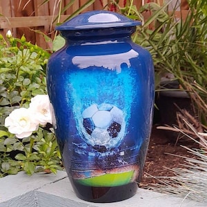 Aluminum Adult Cremation / Memorial Urn for Ashes - Blue Football Design