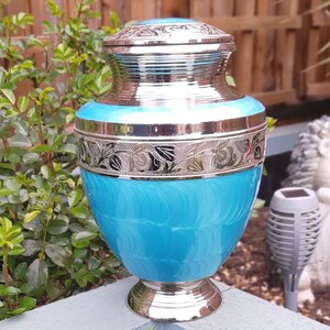 Adult Brass Cremation Urn For Ashes - Aqua and Silver
