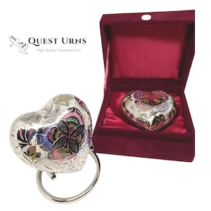 Messing Herz Andenken Urne für Asche - Silber Blumenmuster mit Ständer & Box