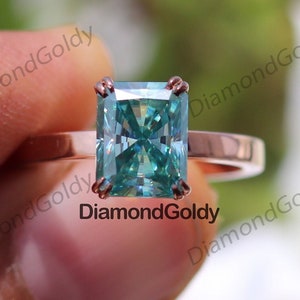 Unique Moissanite Engagement Ring 2CT Radiant Cut Cyan Blue Moissanite Ring Wedding Ring Big Moissanite Ring Propose Ring for Women
