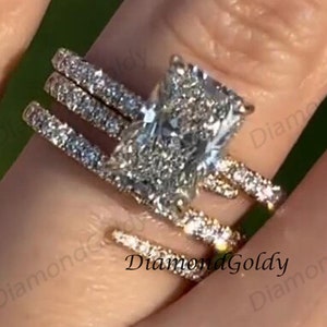 3CT Radiant Cut Diamond Engagement Ring Set Radiant Moissanite Ring Set Modern Twist Wedding Band 14K Gold Ring Set Unique Bridal Ring Set