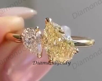 Toi et Moi Engagement Ring Yellow Pear Shaped Moissanite Ring Two Stone Promise Ring Solid Gold Wedding Ring Anniversary Ring
