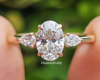 Verlovingsring met drie stenen van 2 karaat, ovale moissanite, trilogie, trouwring, jubileum- en beloftescadeau voor haar.
