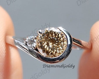 Antike 1CT Portugieser Cut Champagner Moissanit Ring Portugieser Cut Verlobungsring 14K Weißgold Ring Lünette Set Ring Jubiläumsgeschenk