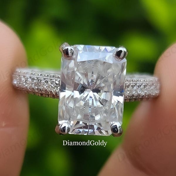 Anillo de compromiso de moissanita talla radiante de 4 quilates, halo oculto, anillo de boda de oro macizo de 14 quilates, anillo nupcial moderno, regalo de aniversario de lujo