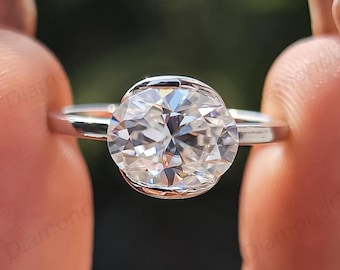 East West Oval Moissanite Engagement Ring, Half Bezel Set Ring, 14K Solid Gold Solitaire Ring, Horizontal Promise Ring For Her