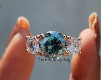 Cyaanblauwe moissanite verlovingsring met drie stenen, 14-karaats gouden ring, uniek huwelijksjubileumcadeau voor haar.