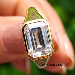 Horizontal Emerald Cut Moissanite Engagement Ring 14K Solid Gold Bezel Set Ring East West Emerald Cut Ring Anniversary Gift For Women