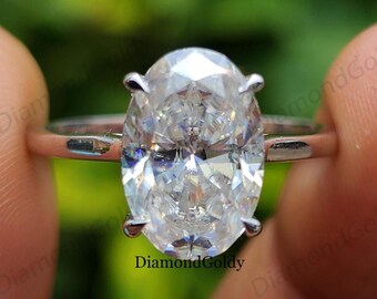 Anello di fidanzamento con moissanite ovale da 3 carati, solitario con alone nascosto, anello nuziale in oro massiccio, regalo per anniversario di matrimonio per lei.