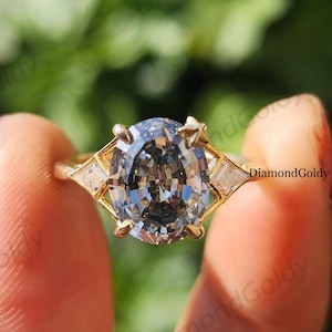 Unique Three Stone Engagement Ring 3CT Step Cut Gray Oval Moissanite Diamond Ring 14K Yellow Gold Wedding Ring 3 Stone Anniversary Rings
