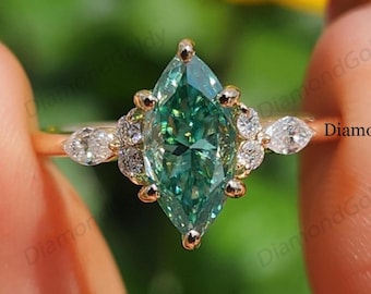 Groene marquise geslepen cluster verlovingsring met moissanite diamanten, trouwring van 14 karaats massief goud, jubileumbeloftering