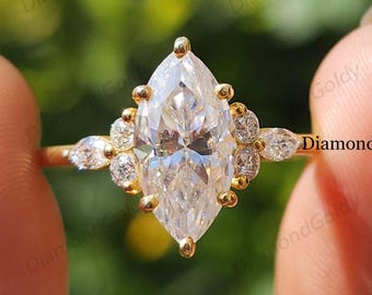 Marquise Cut Cluster Engagement Ring Moissanite Diamond Wedding Ring 14K Solid Gold Anniversary Ring Marquise Promise Ring Gift Ring