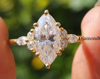 Marquise Cut Cluster Engagement Ring Moissanite Diamond Wedding Ring 14K Solid Gold Anniversary Ring Marquise Promise Ring Gift Ring