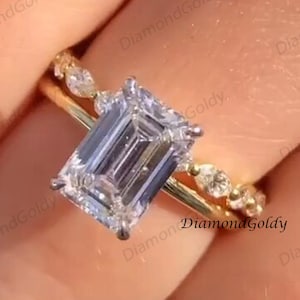 3CT Emerald Cut Moissanite Engagement Ring Set Bridal Ring Set Diamond Wedding Band Promise Ring Solitaire Ring Set Anniversary Gift For Her