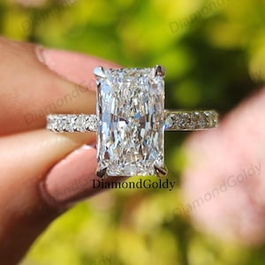 3.5 CT Radiant Cut Moissanite Engagement Ring Set, 14K White Gold Hidden Halo Solitaire Ring Bridal Set for Her