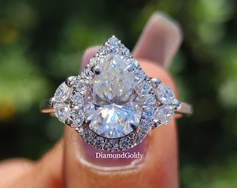 Anillo de compromiso con moissanita talla pera de 2 quilates, estilo vintage, con halo y oro de 14 quilates.