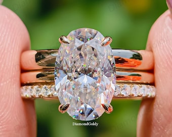 Conjunto de anillo de compromiso solitario de moissanita ovalada de 3 quilates, conjunto de dos alianzas a juego, conjunto de anillo de boda de oro macizo de 14 quilates, conjunto de anillo de aniversario.