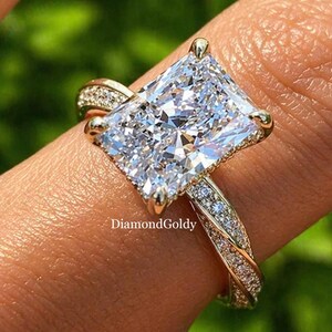 4 CT Radiant Cut Moissanite Engagement Ring Hidden Halo Twisted Wedding Band 14k Solid Gold Diamond Ring Anniversary Gifts For Women