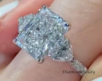4 Ct Radiant Cut Moissanite Engagement Ring Radiant Cut Three Side Pave Wedding Ring Unique Hidden Halo Stackable Proposal Ring For Her