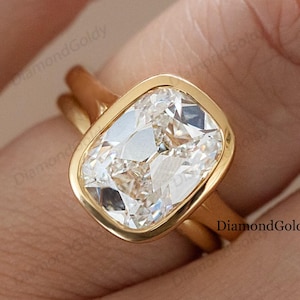 Old Mine 3 CT Elongated Cushion Cut Moissanite Ring Bezel Set Engagement Ring 14K Gold Wedding Ring Antique Diamond Ring Anniversary Ring