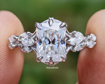 Anel de Noivado com Moissanita Lapidada Radiante em Ouro Branco 14K com Design de Videira Torcida, Anel com Diamantes em Formato de Flor, Anel de Promessa Inspirado na Natureza para Ela