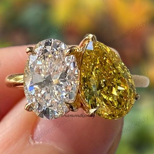 Toi et Moi Engagement Ring 18K Yellow Gold | Yellow Pear & Oval Moissanite Two Stone Ring | Wedding Anniversary Gift For Her