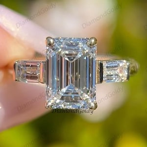 Emerald Cut F\VS Lab Grown Diamond Ring Three Stone Engagement Ring Emerald Cut Wedding Ring Trilogy Ring 14K Solid Gold Anniversary Ring