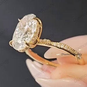 3カラット ヴィンテージ オーバル モアッサナイト リング 14K イエローゴールド エンゲージリング アールデコ ミルグレイン 結婚指輪 彼女への記念日ギフト