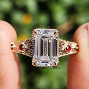 3CT Emerald Cut Moissanite Art Deco Engagement Ring, 14K Solid Gold Vintage Wedding Ring