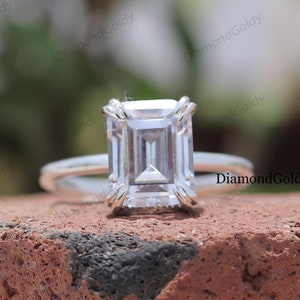 Emerald Cut Engagement Ring Emerald Cut Moissanite Diamond Ring Double Clow Prong Solitaire Diamond Ring Hidden Halo Birthday Gift For Her