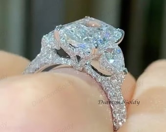 4 Ct Radiant Cut Moissanite Engagement Ring Radiant Cut Three Side Pave Wedding Ring Unique Hidden Halo Stackable Proposal Ring For Her
