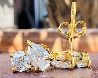 Orecchini a bottone Toi et Moi con pera e moissanite rotonda, orecchini da sposa in oro giallo 14 carati, orecchini per anniversario, regalo di compleanno per ragazze