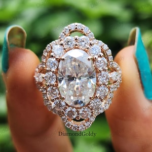 Vintage Oval Moissanite Engagement Ring Art Deco Double Halo Ring Colorless Moissanite Ring 14K Gold Wedding Ring Anniversary Ring For Women