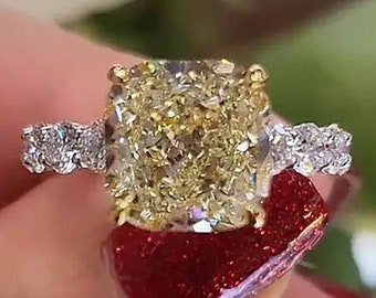 3.50 CT Canary Yellow Cushion Cut Moissanite Engagement Ring Solitaire Wedding Ring Claw Prongs Ring For Women Handmade Jewelry