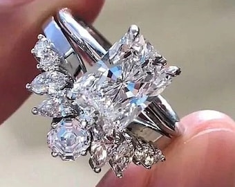 4 CT unieke Engagement Radiant Ring Set Moissanite verlovingsring met bijpassende geelgouden halve eeuwigheid band cadeau voor haar bruidsset ring