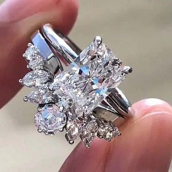 3 CT Radiant Moissanite Engagement Ring Set Diamond Anniversary Ring Set Multi Stone Half Eternity Band For Her  14K Gold Ring Set