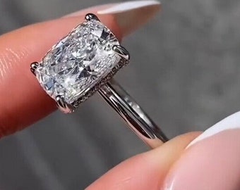 3.25 Ct Cushion Cut Moissanite Engagement Ring Elongated Cushion Cut Ring Elongated Cushion Hidden Halo Anniversary Ring for Her