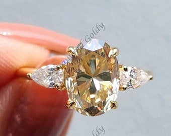 2,50 karaat kanariegele ovale verlovingsring met 3 peervormige moissanite stenen, 14-karaats gouden trouwring, unieke ring voor haar, jubileumring
