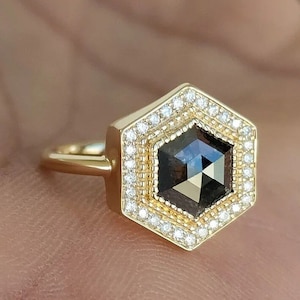 Bezel Set Hexagon Cut Salt & Pepper Ring Hexagon Milgrain Engagement Ring 14K Solid Yellow Gold Promise Rings For Her Anniversary Ring