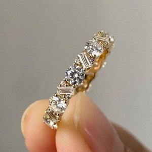 Alternative Baguette And Round Cut Moissanite Wedding Band Full Eternity Baguette Cut Wedding Band Stacking Ring Wedding Anniversary Gifts
